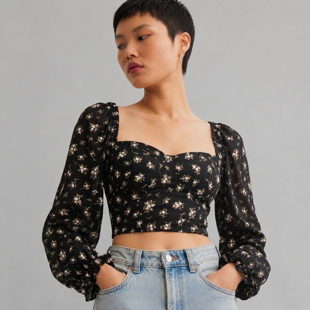 H&M Linen Blend Floral Bustier Crop Top Black Pink Small NWT Smocked Back
